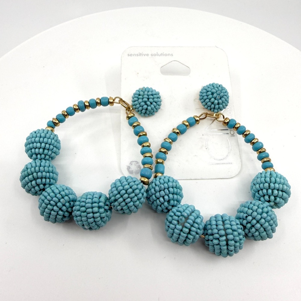 Boho Beaded Hoop Earrings - Chunky Blue Dangle Festival Jewelry Gift